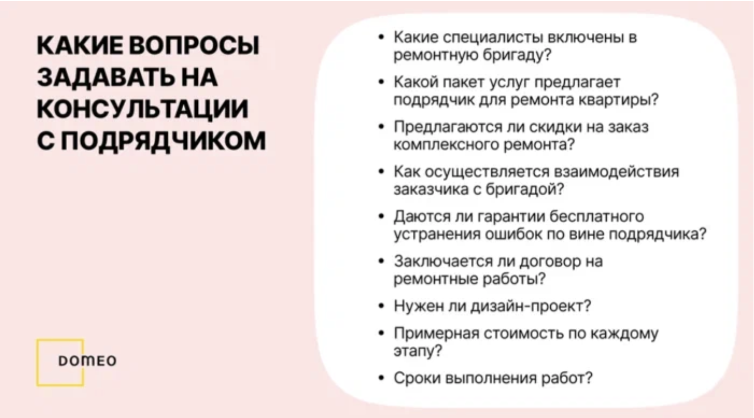 Список вопрос которые стоит задать на консультации с подрядчиком