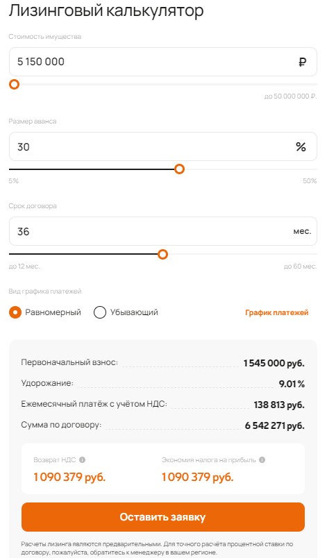 Рисунок 3 Пример лизингового калькулятора на сайте