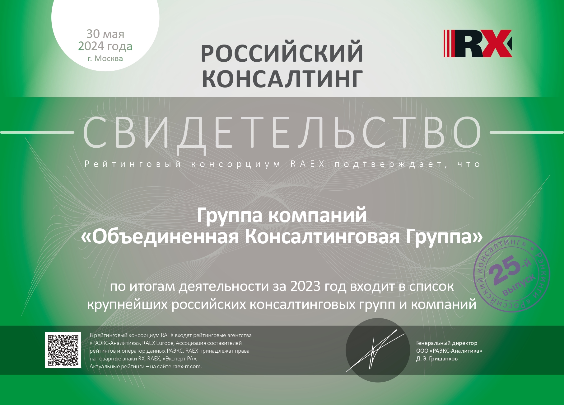 Свидетельство рейтинг RAEX ОКГ