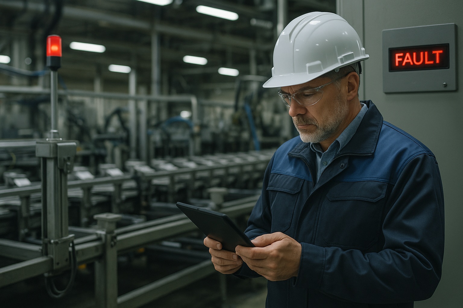 Инженер фиксирует остановку линии после сбоя в работе оборудования