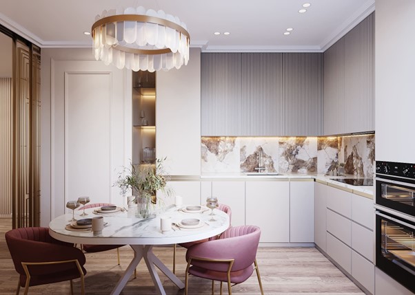 Современная кухня в светлых тонах с мраморной плиткой