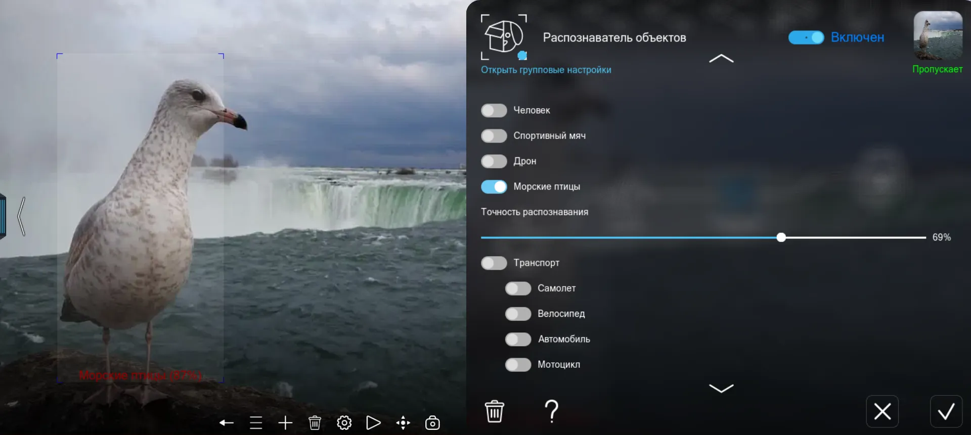 распознавание морских птиц в Xeoma