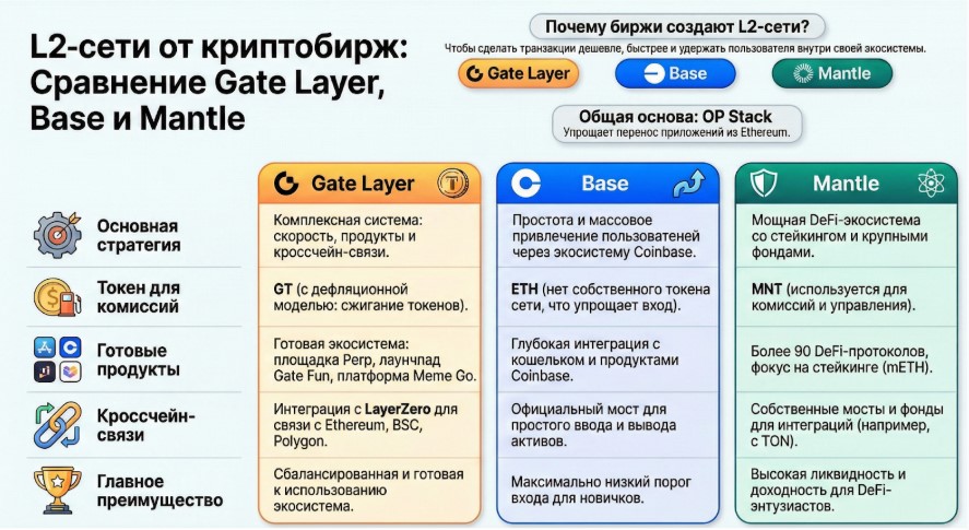 Сравнение L2-решений бирж: Gate Layer, Base и Mantle