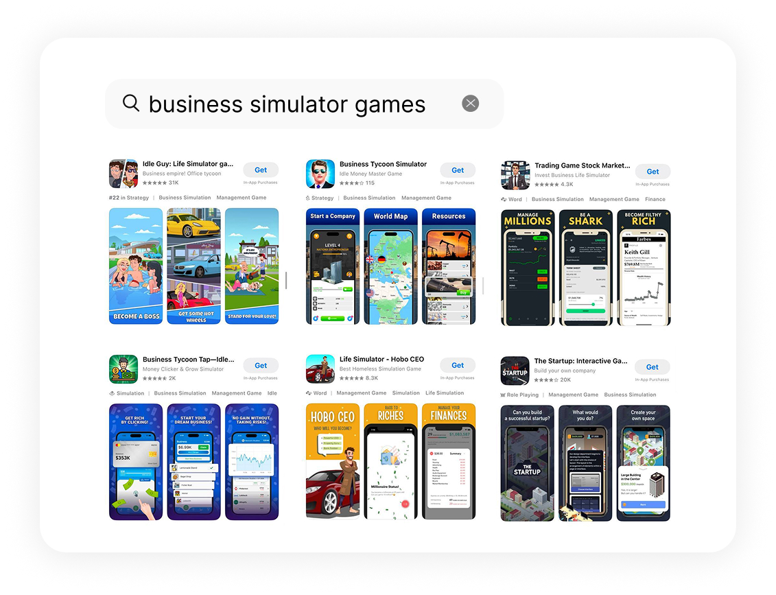 Поисковая выдача App Store по бизнес-симуляторам