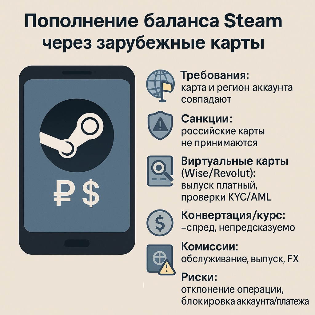 Пополнить Стим без комиссии через зарубежные карты