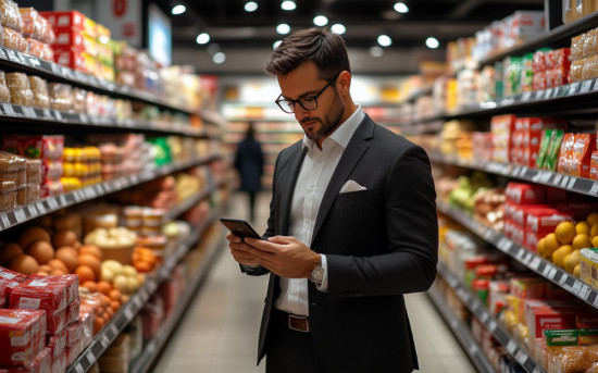 Мужчина предприниматель в супермаркете вызывает инкассацию