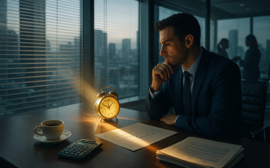 Современный офис, солнечные лучи на столе с документами и часами — визуализация темы «Россия эпохи дорогих денег: как управлять бизнесом при ставке 17%».