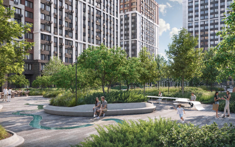 Двор мечты в «Пушкино Град»: ручьи, цветущие аллеи и умные площадки