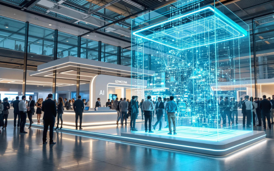 Высокотехнологичная выставка: посетители в деловых костюмах общаются у яркого голубого голографического куба с цифровыми схемами, вокруг — современные AI-стенды с неоновыми контурами и стеклянный павильон.